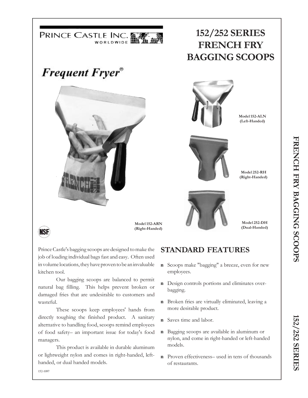 Prince Castle 152/252 Series manual French FRY Bagging Scoops, Standard Features 