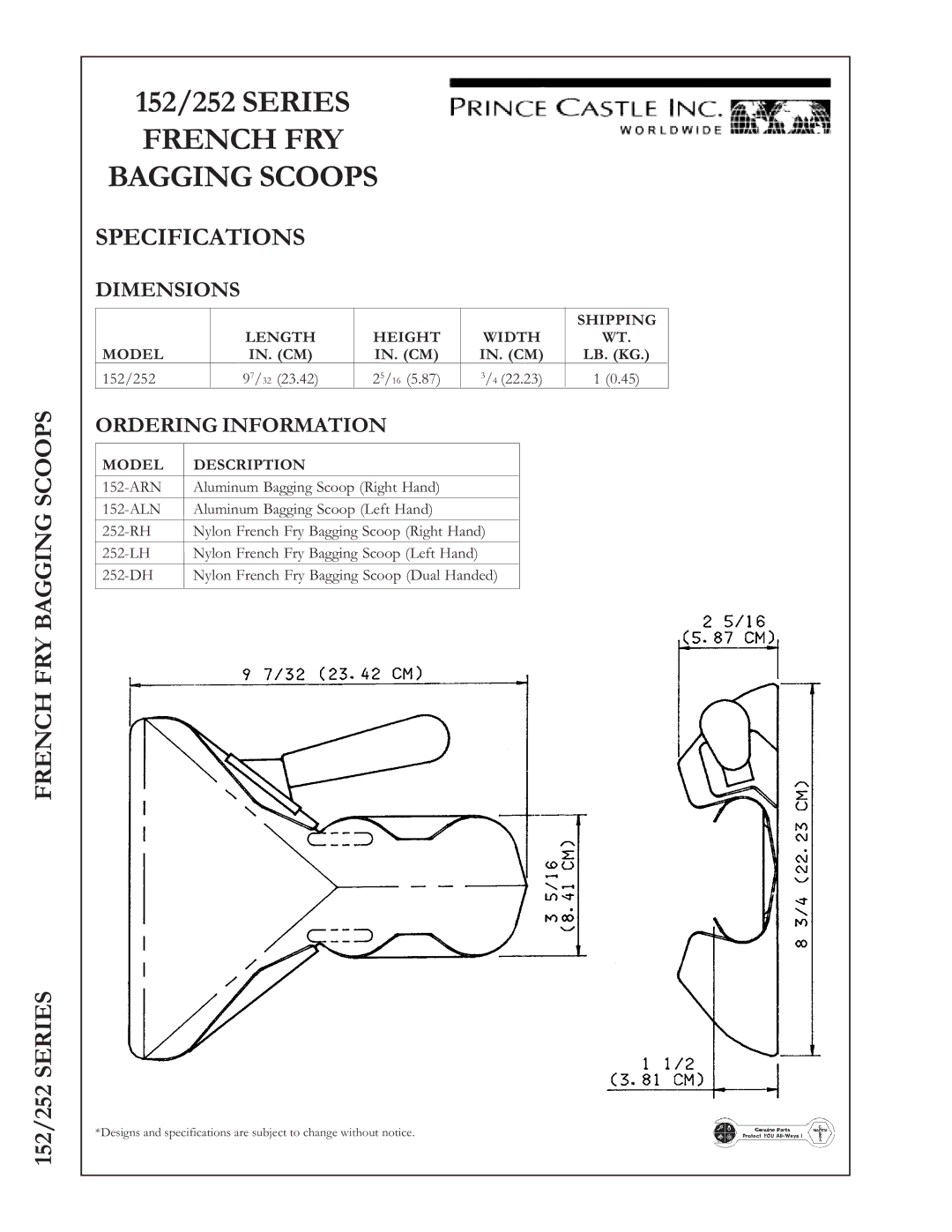 Prince Castle 152/252 Series manual French FRY Bagging Scoops, Specifications, Dimensions, Ordering Information 