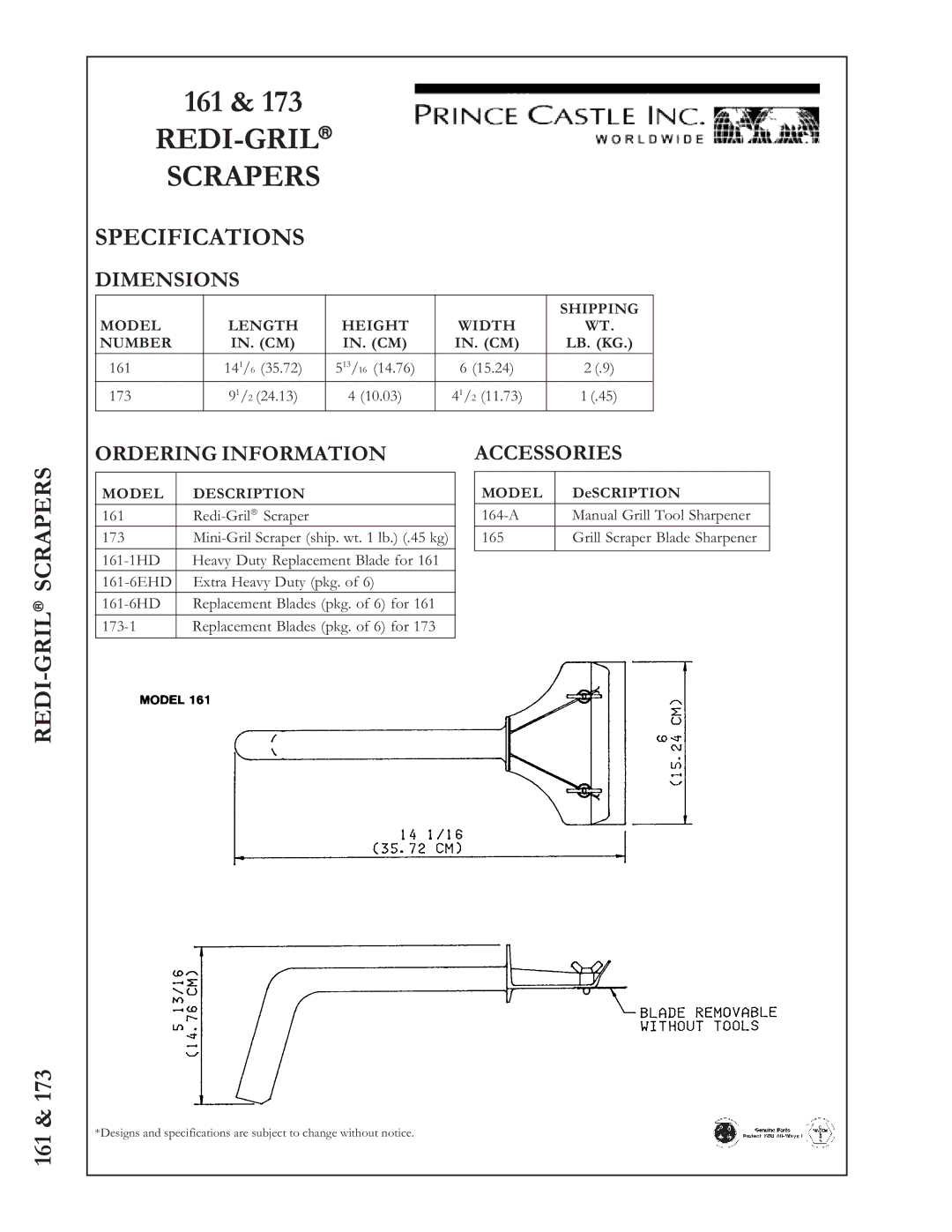 Prince Castle 173, 161 manual REDI-GRIL Scrapers, Specifications, Redi-Grilscrapers 