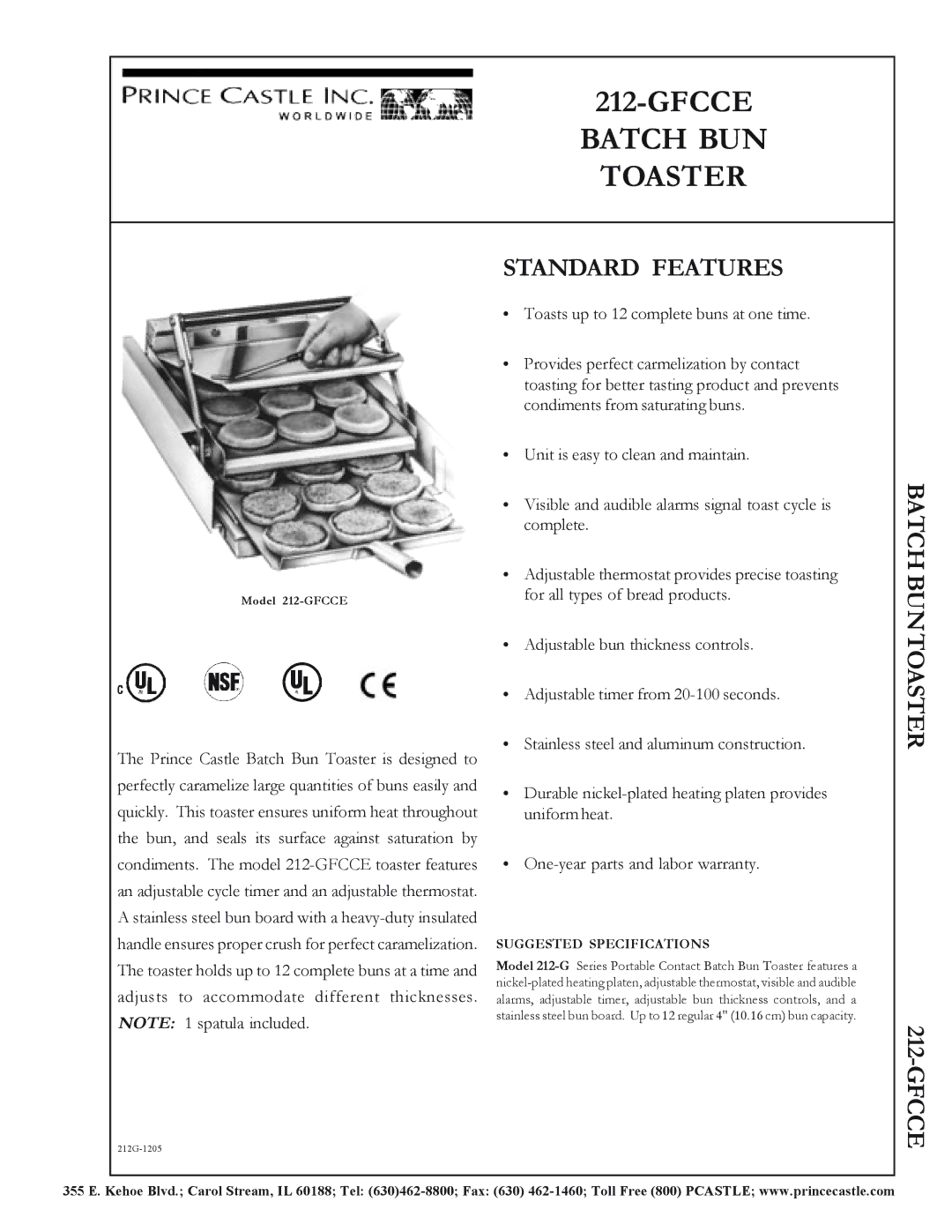 Prince Castle 212-GFCCE warranty Gfcce Batch BUN Toaster, Standard Features, Batch Buntoaster, Suggested Specifications 