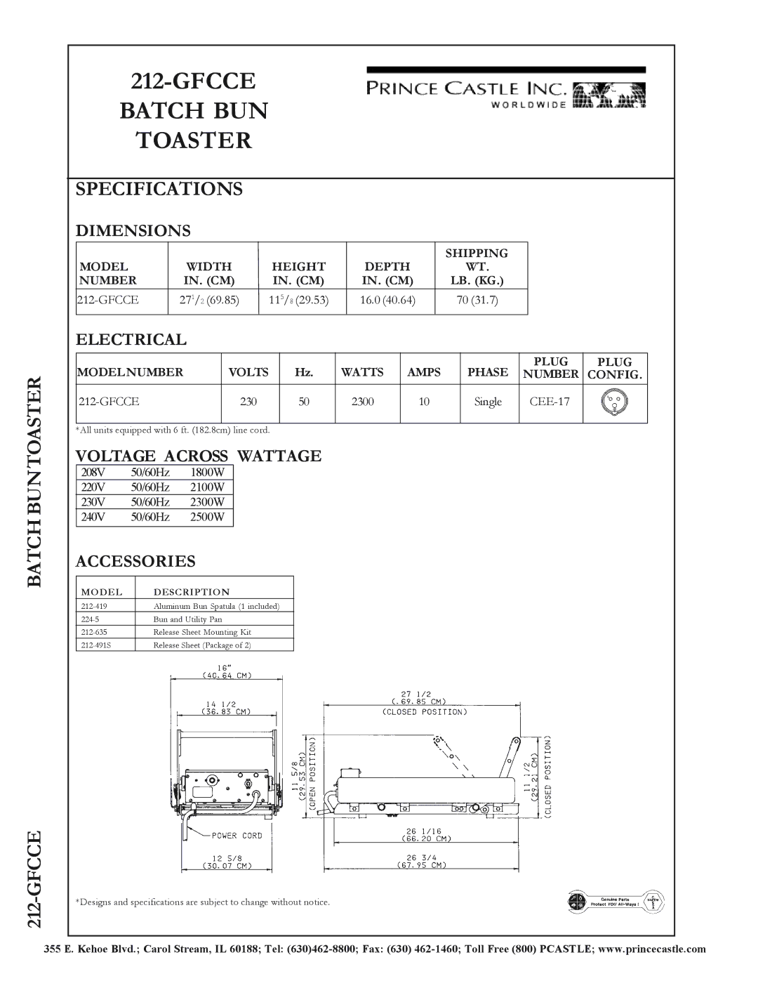 Prince Castle 212-GFCCE warranty Batch Buntoaster Gfcce, Specifications 