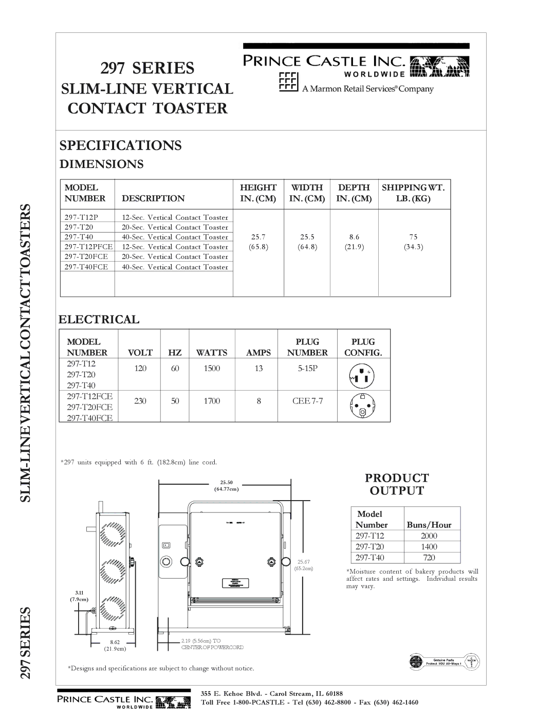 Prince Castle 297 Series warranty Lineverticalcontacttoasters, Specifications, Slim 