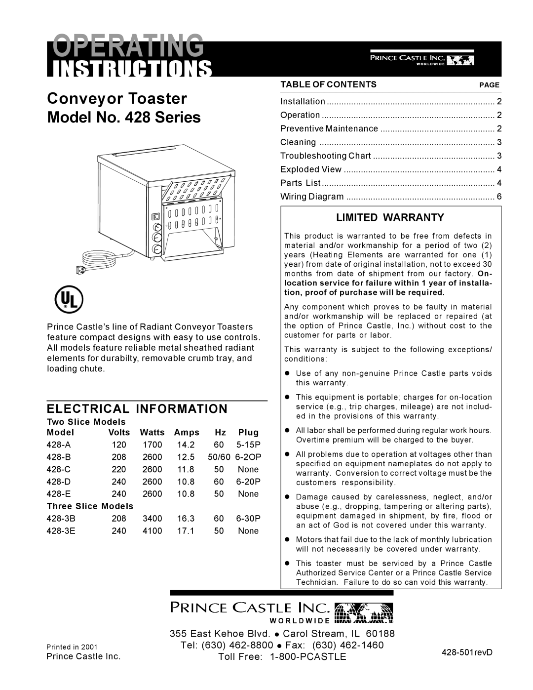 Prince Castle 428-D, 428-3E warranty Electrical Information, Limited Warranty, Two Slice Models Volts Watts Amps Plug 