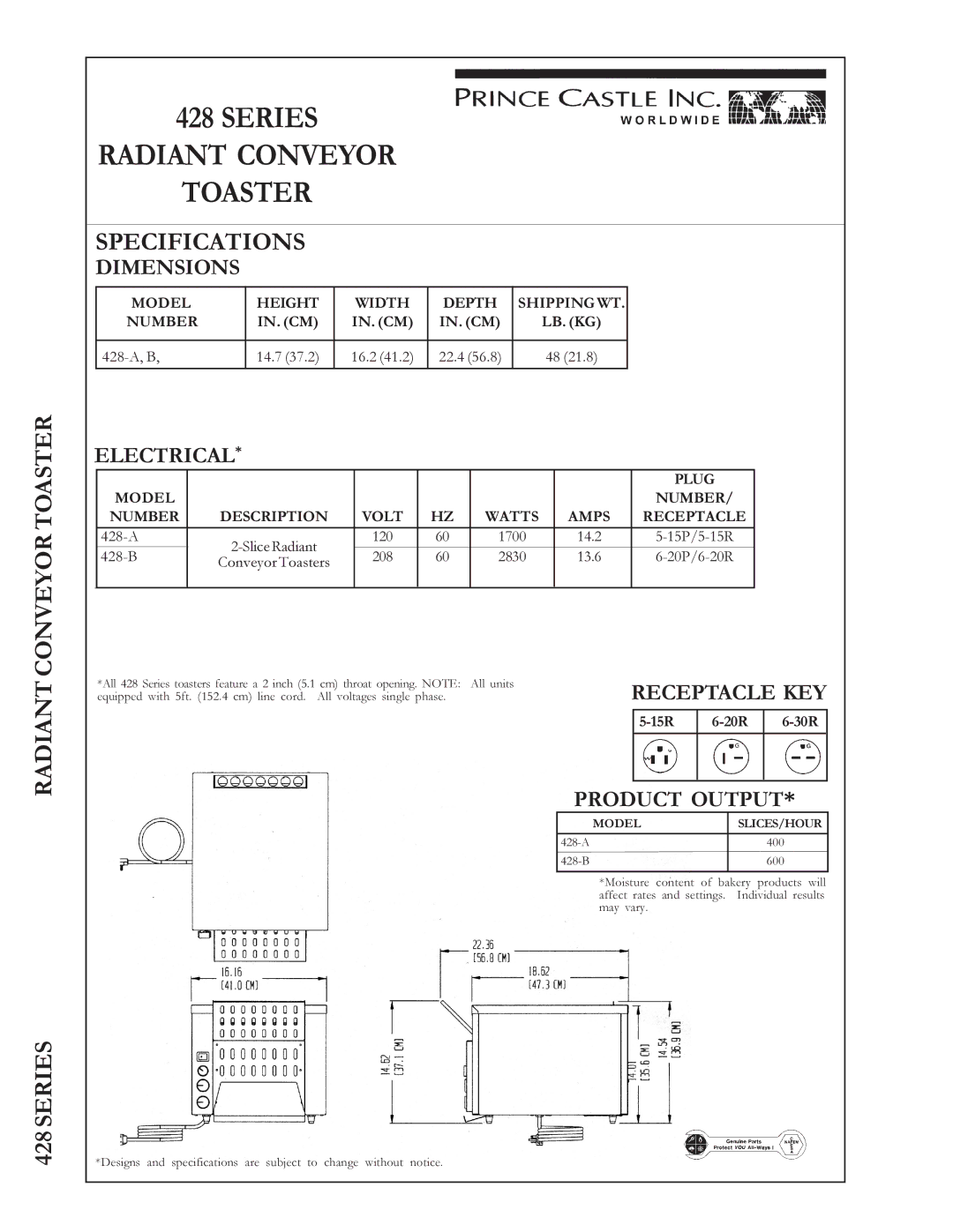 Prince Castle 428 Series warranty Conveyor Toaster, Specifications, Radiant 