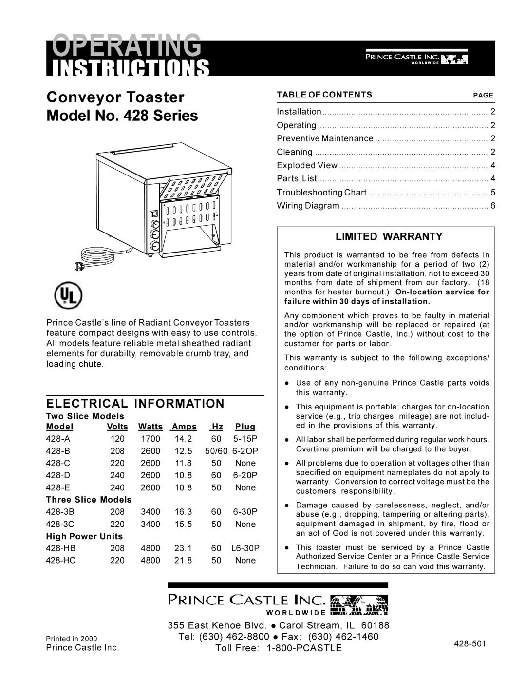 Prince Castle 428 operating instructions Electrical Information, Limited Warranty 