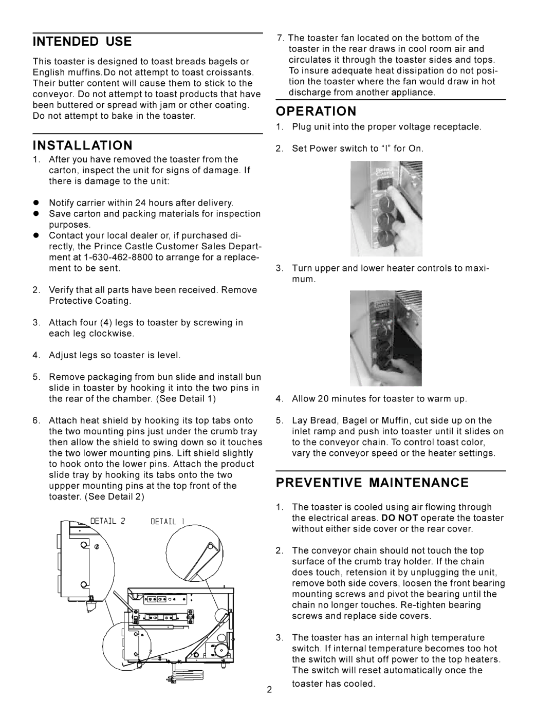 Prince Castle 428 operating instructions Intended USE, Operation, Installation, Preventive Maintenance 