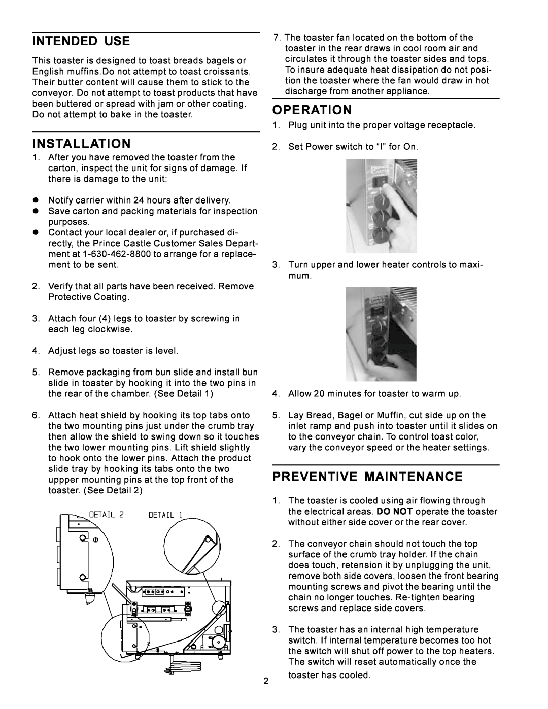 Prince Castle 428 operating instructions Intended Use, Operation, Installation, Preventive Maintenance 