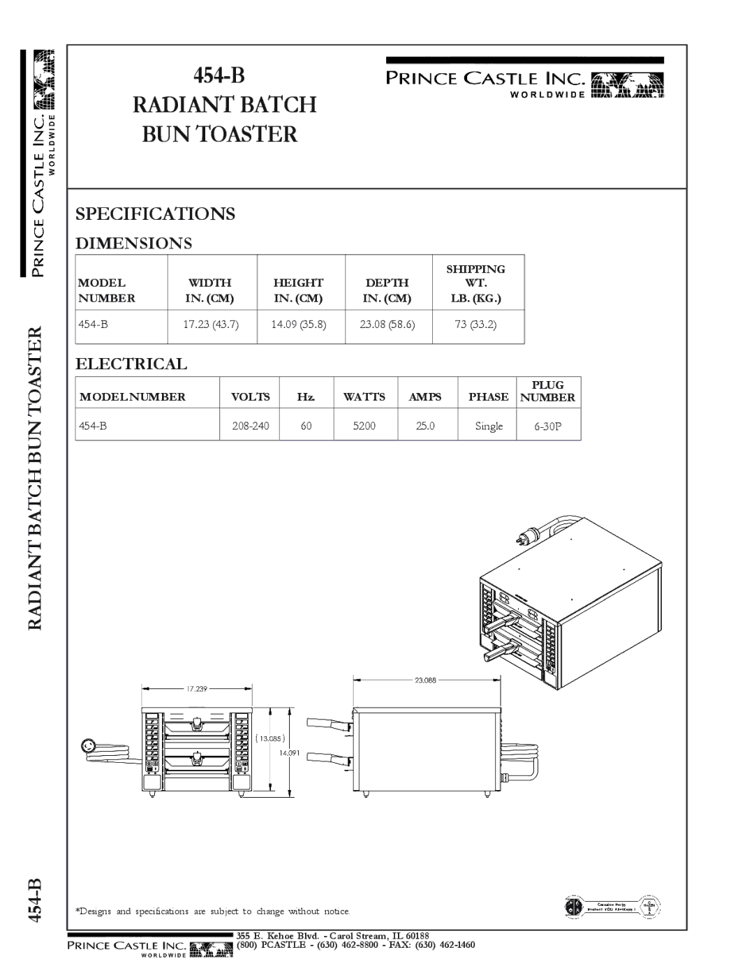 Prince Castle 454-B warranty Radiant Batch BUN Toaster, Specifications, Dimensions, Electrical 