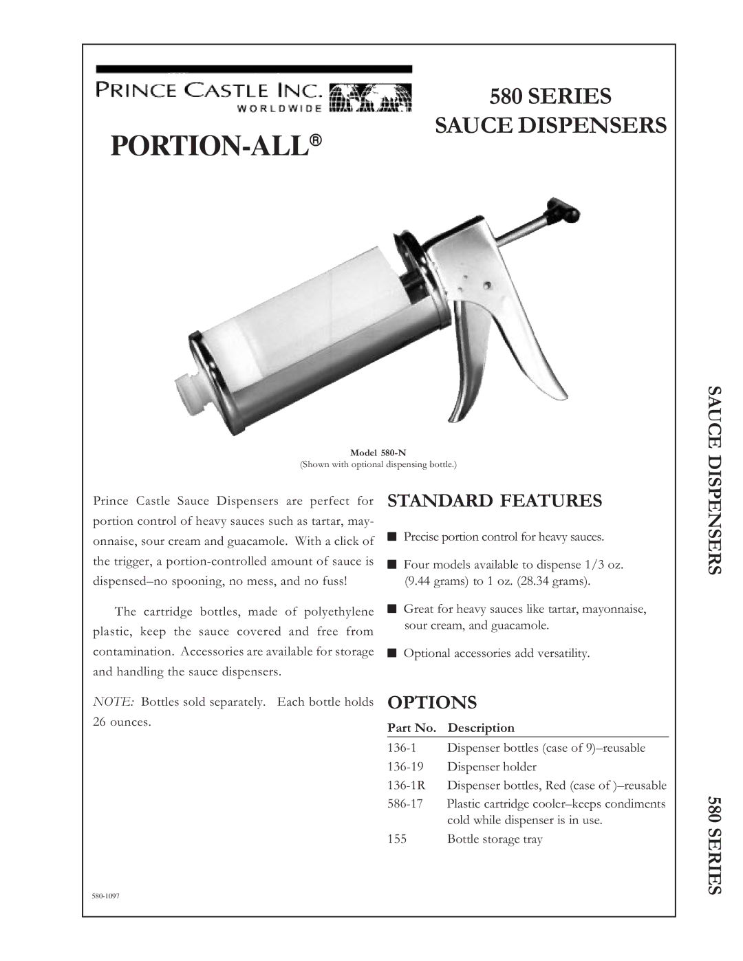 Prince Castle 580 Series manual Sauce, Standard Features, Dispensers 