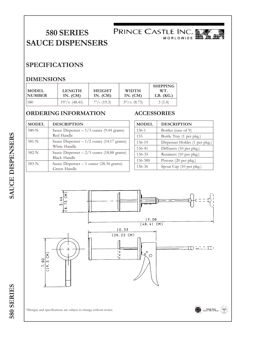 Prince Castle 580 Series manual Specifications, Sauce Dispensers, Dimensions, Ordering Information, Accessories 