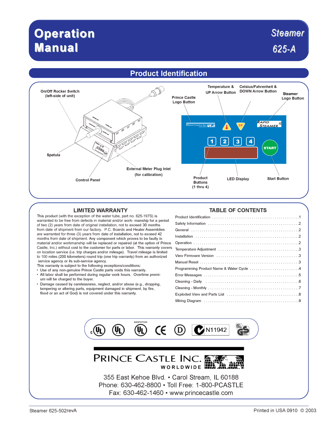 Prince Castle 625-A625-A operation manual Steamer 625-A, Product Identification 