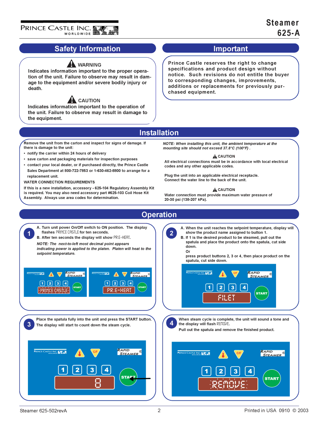 Prince Castle 625-A625-A operation manual Safety Information, Installation, Operation 