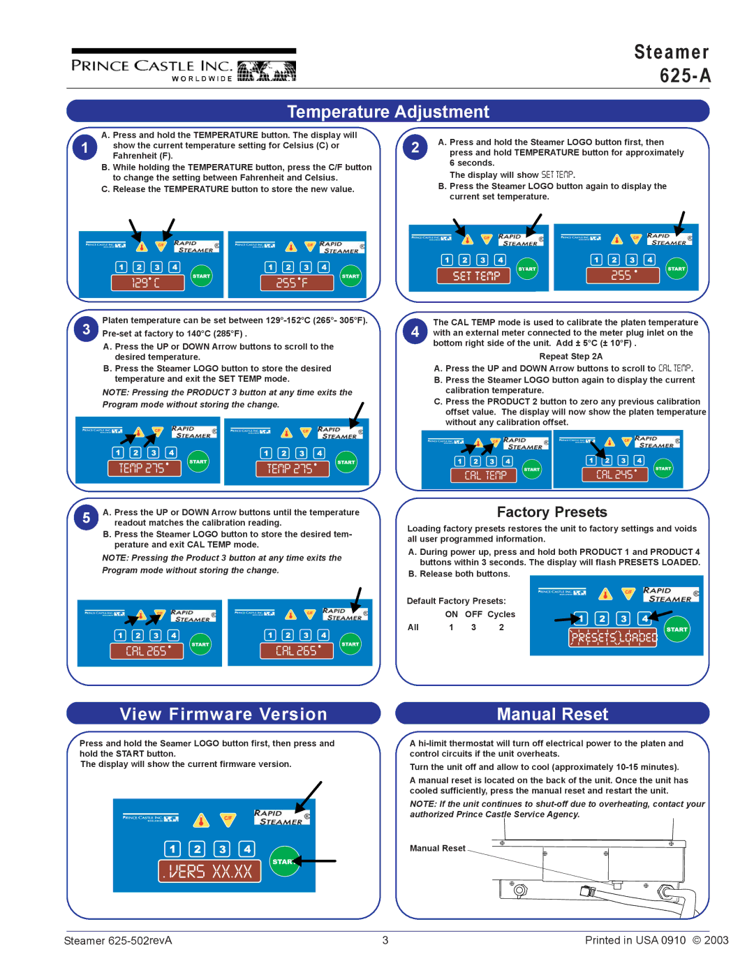 Prince Castle 625-A625-A operation manual Temperature Adjustment, View Firmware Version, Manual Reset 