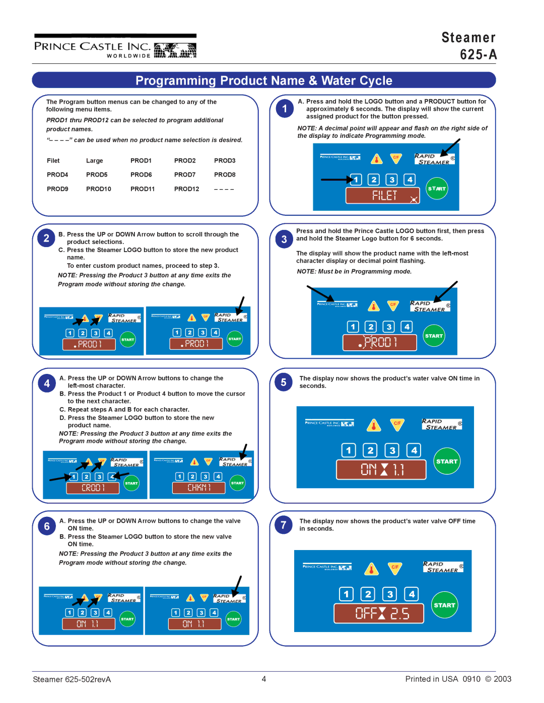 Prince Castle 625-A625-A operation manual Programming Product Name & Water Cycle, Filet 