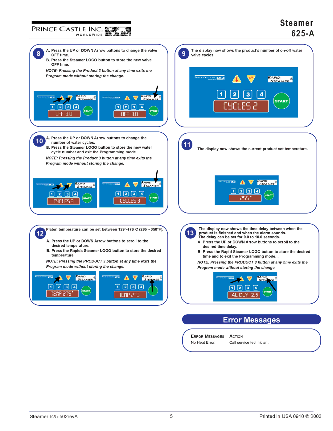 Prince Castle 625-A625-A operation manual E a m e r 625 a, Error Messages 