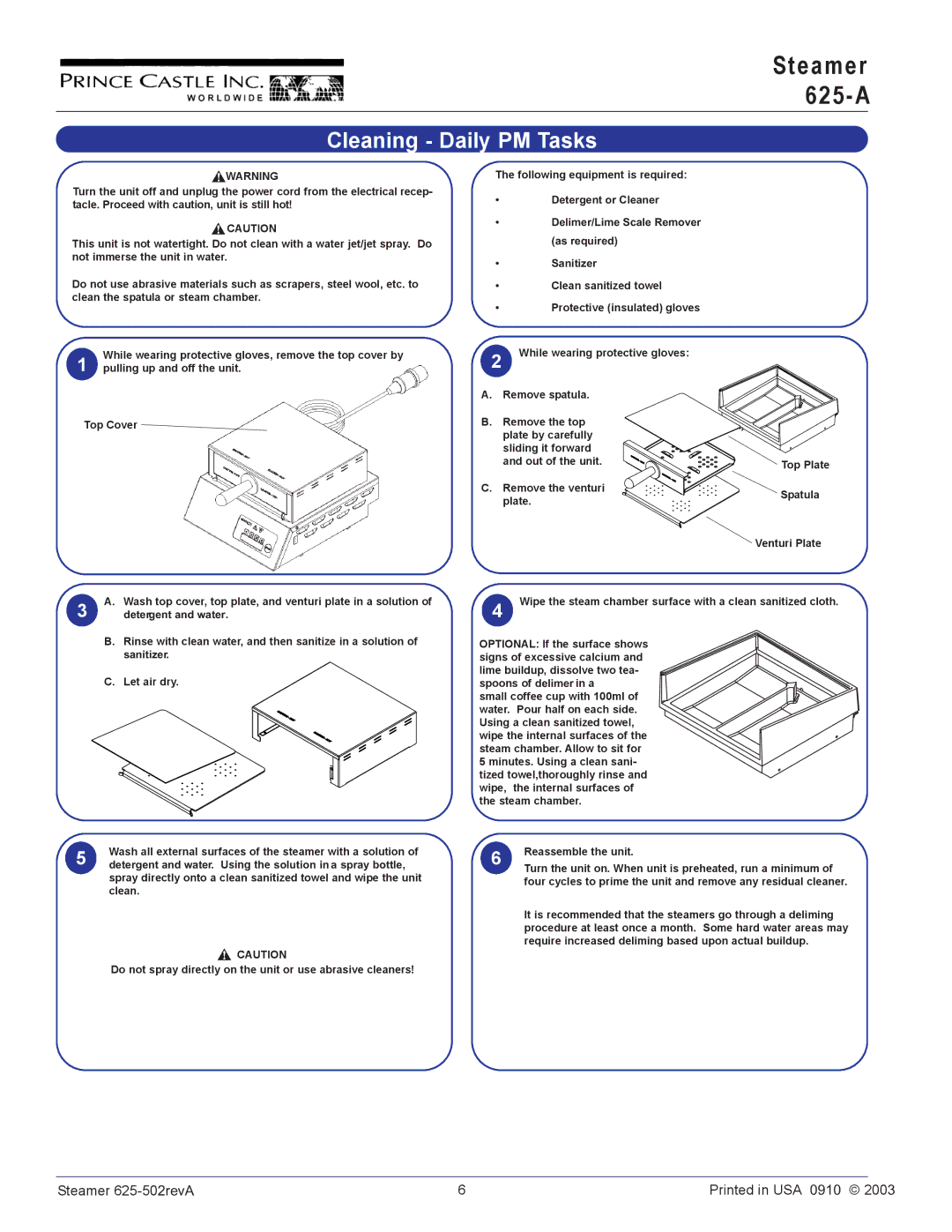 Prince Castle 625-A625-A operation manual Cleaning Daily PM Tasks 