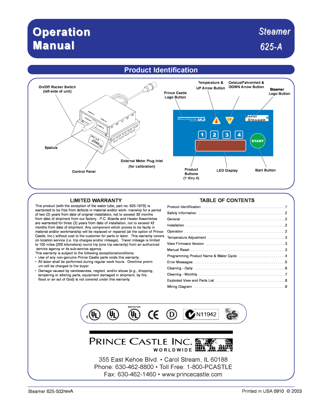 Prince Castle 625-A625-A operation manual Product Identification, Steamer 625-A, Limited Warranty, Table Of Contents 