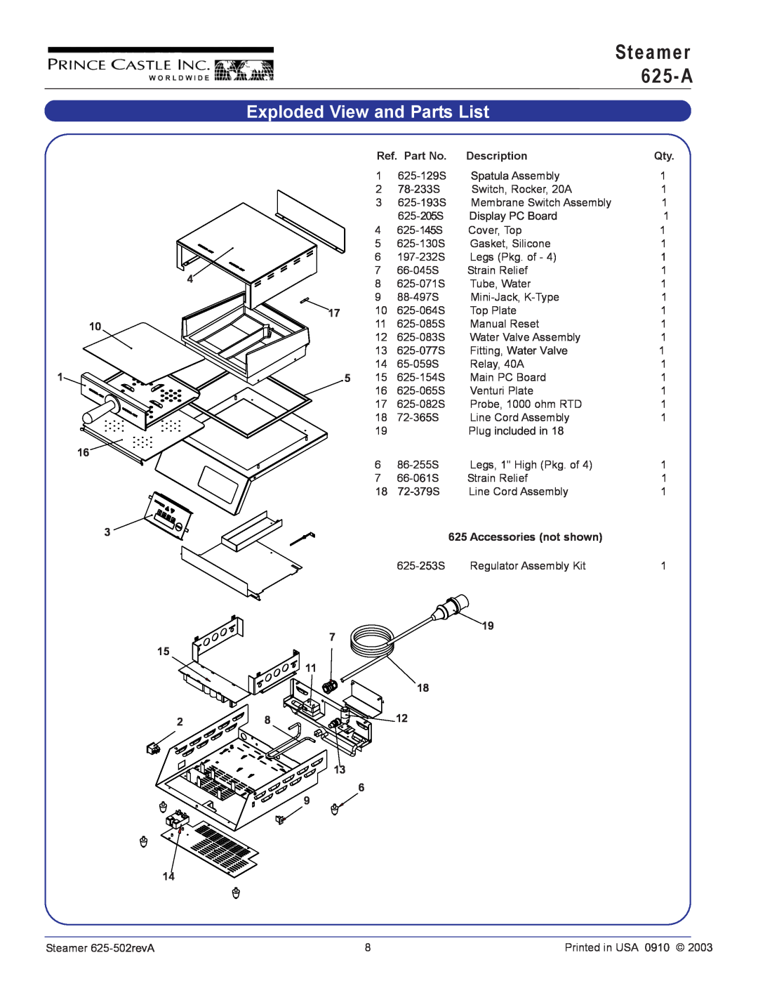 Prince Castle 625-A625-A operation manual Exploded View and Parts List, S t e a m e r 6 2 5 - A, Ref. Part No, Description 