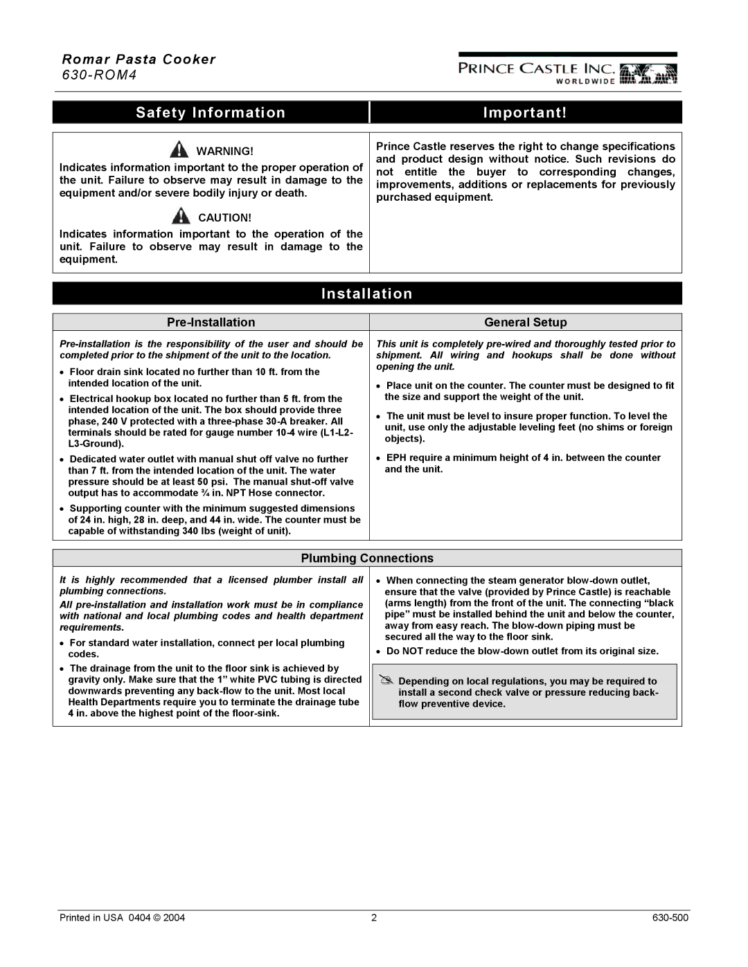 Prince Castle 630-ROM4 manual Safety Information 