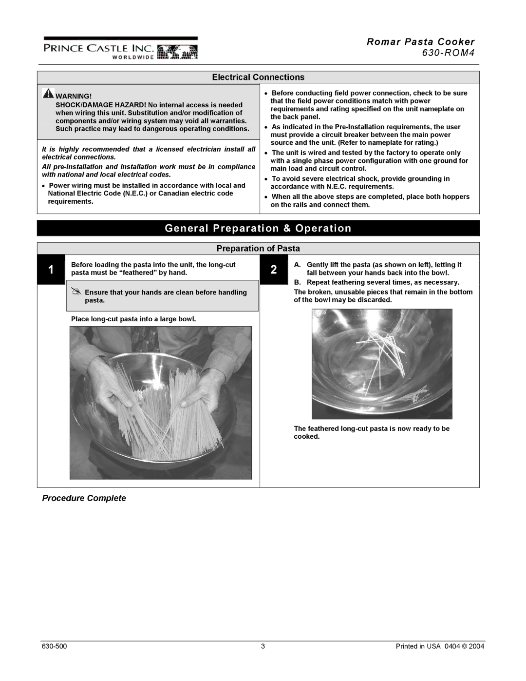 Prince Castle 630-ROM4 manual General Preparation & Operation, Electrical Connections, Preparation of Pasta 