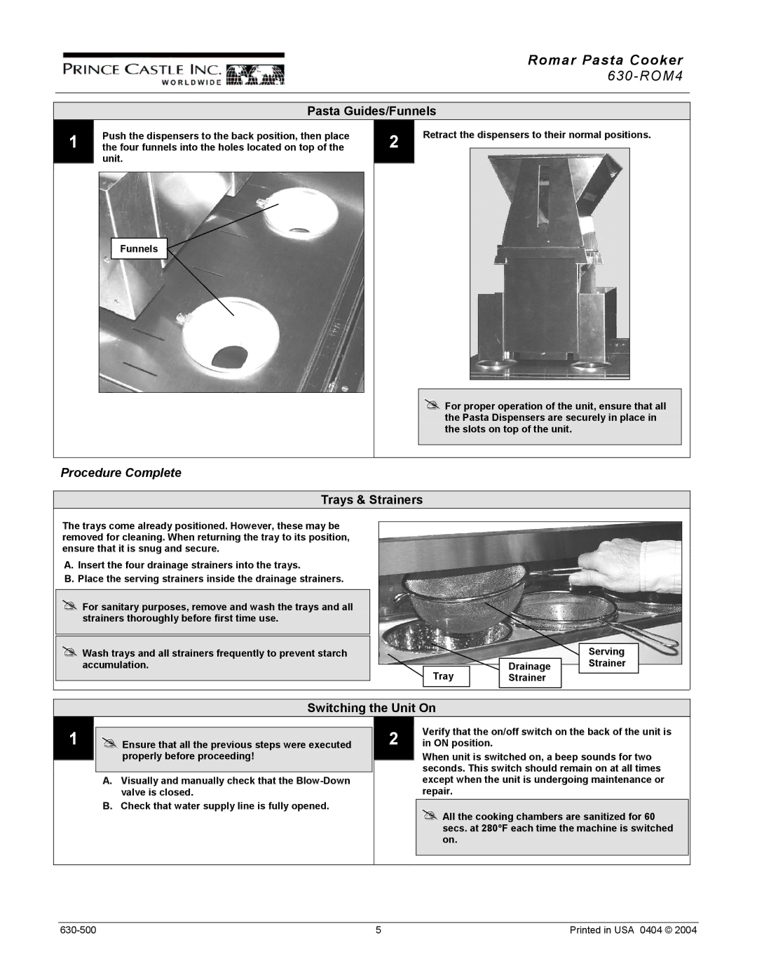 Prince Castle 630-ROM4 manual Pasta Guides/Funnels, Trays & Strainers, Switching the Unit On 