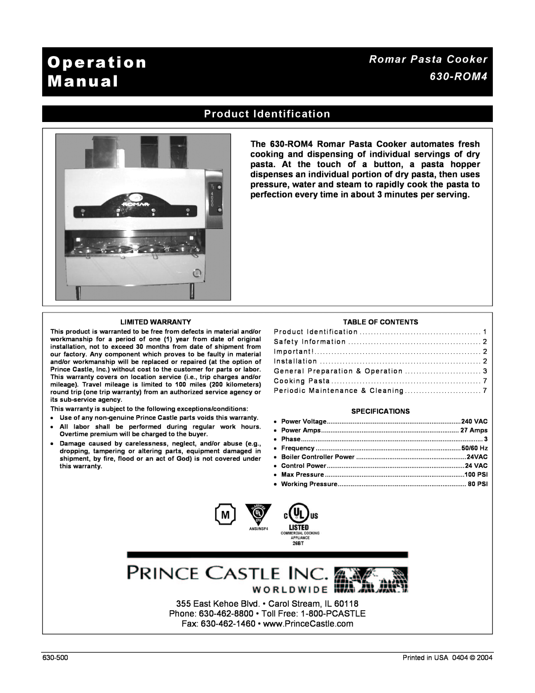 Prince Castle manual Romar Pasta Cooker 630-ROM4, Product Identification, P r o d uct Identification, Installation 