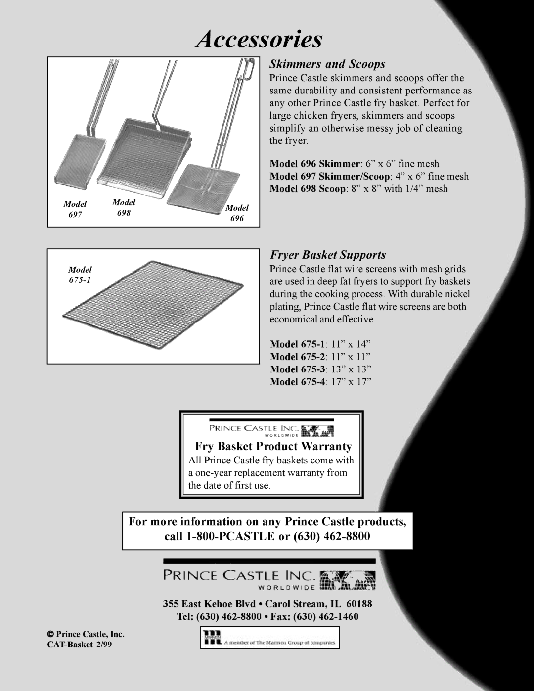 Prince Castle 683, 670-6, 681, 670-4 manual Accessories, Skimmers and Scoops, Fryer Basket Supports 