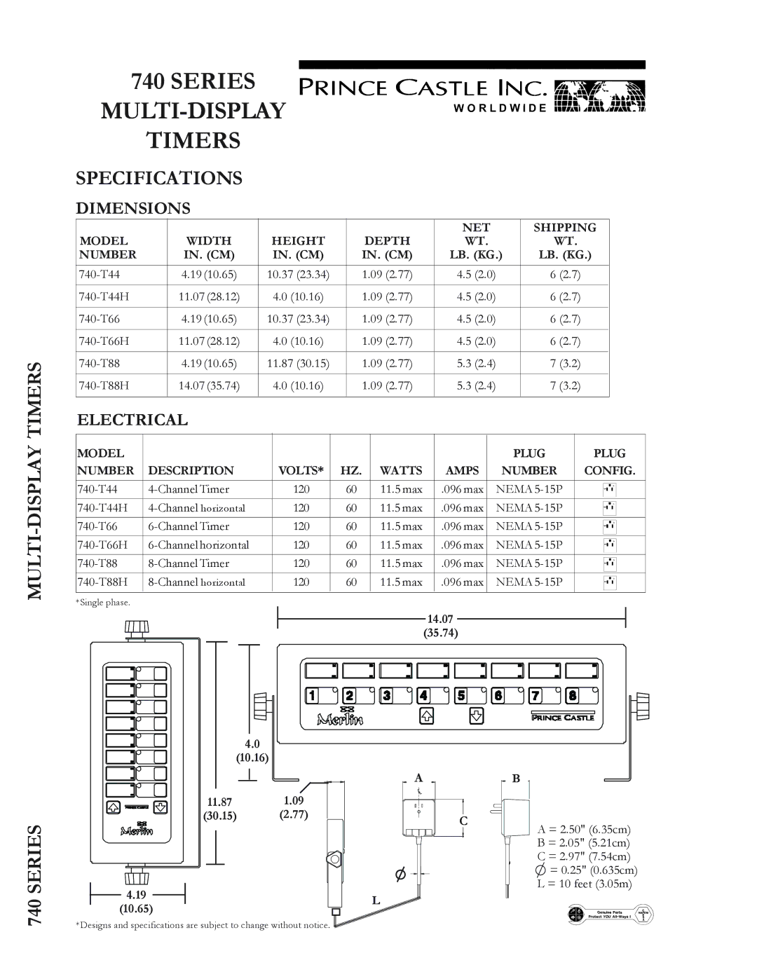 Prince Castle 740-T66H, 740-T44H, 740-T88H warranty MULTI-DISPLAY Timers, Specifications, Dimensions, Electrical 