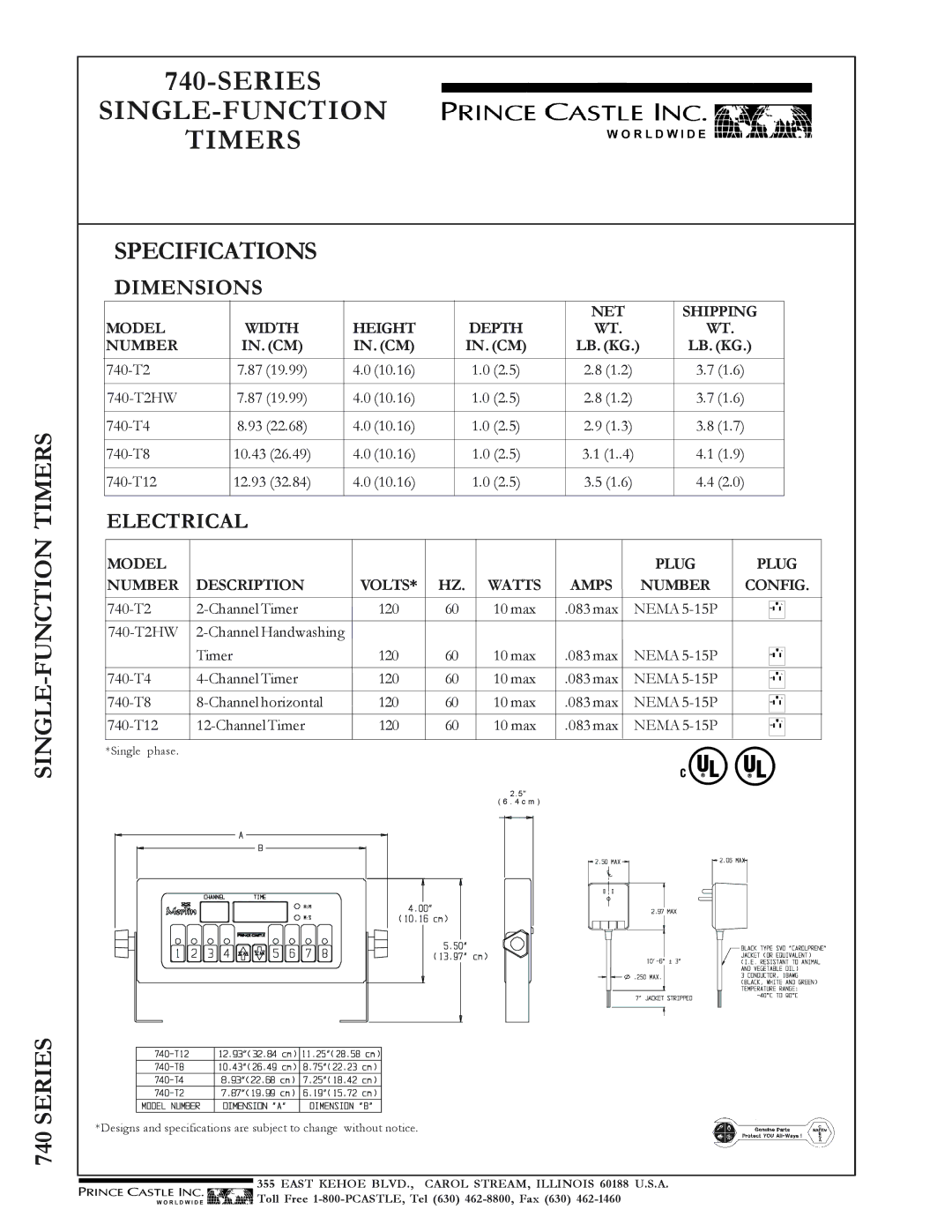 Prince Castle 740-T8, 740-T4, 740-T12, 740-T2HW SINGLE-FUNCTION Timers Series, Specifications, Dimensions, Electrical 