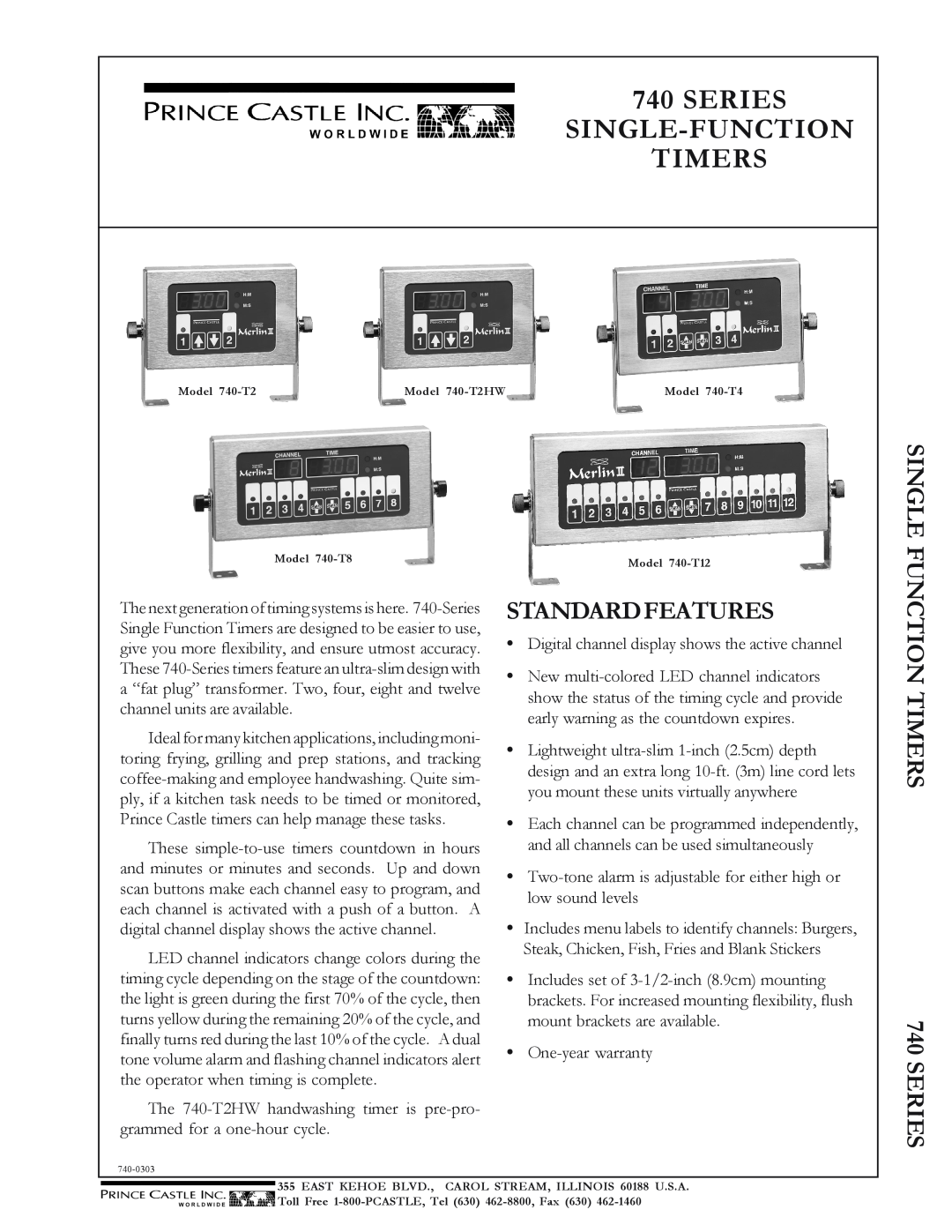 Prince Castle 740-T4, 740-T8, 740-T2 warranty Series Single-Function Timers, Standardfeatures, FUNCTION TIMERS 740 SERIES 