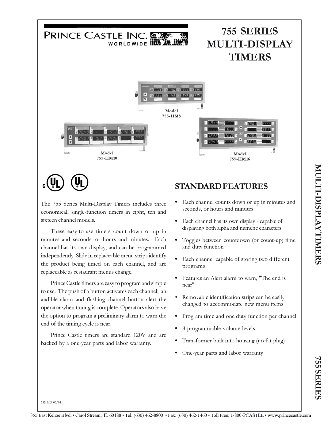 Prince Castle 755-HM10, 755-HM16 warranty Series MULTI-DISPLAY Timers, Standardfeatures Multi, Displaytimers Series 