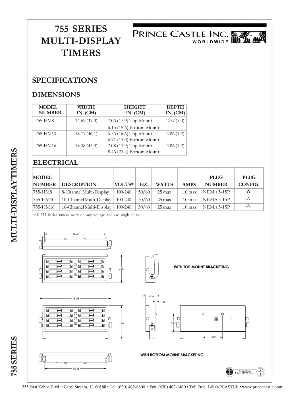 Prince Castle 755-HM8 755SERIES MULTI-DISPLAY TIMERS, MULTI-DISPLAYTIMERS 755 SERIES, Specifications, Dimensions, Model 