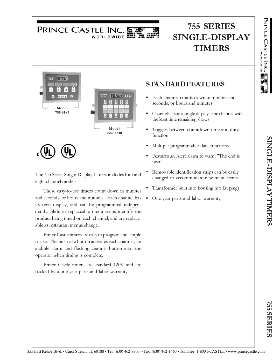 Prince Castle 755-HS4, 755-HS10 warranty Series SINGLE-DISPLAY Timers, Standardfeatures, SINGLE-DISPLAYTIMERS Series 