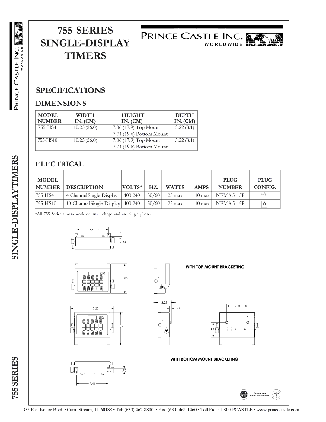 Prince Castle 755-HS10, 755-HS4 warranty Specifications, Dimensions, Electrical, Model Width Height Depth Number 