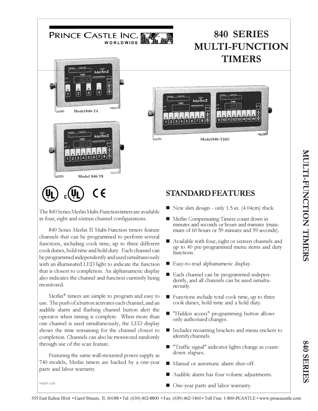 Prince Castle 840-T4, 840-T8 warranty Series MULTI-FUNCTION Timers, Standardfeatures, Timers Series, Multi-Function 