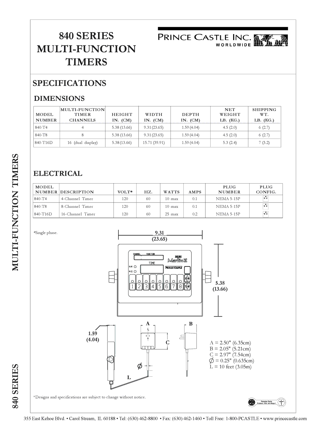 Prince Castle 840-T16D, 840-T8, 840-T4 warranty Function Timers, Specifications, Multi, Dimensions, Electrical 