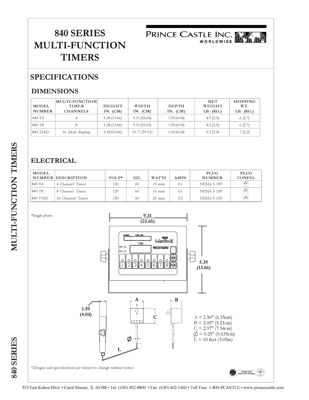 Prince Castle 840-T16D Specifications, Series Multi-Function Timers, Dimensions, Electrical, 9.31, 1.59 4.04 