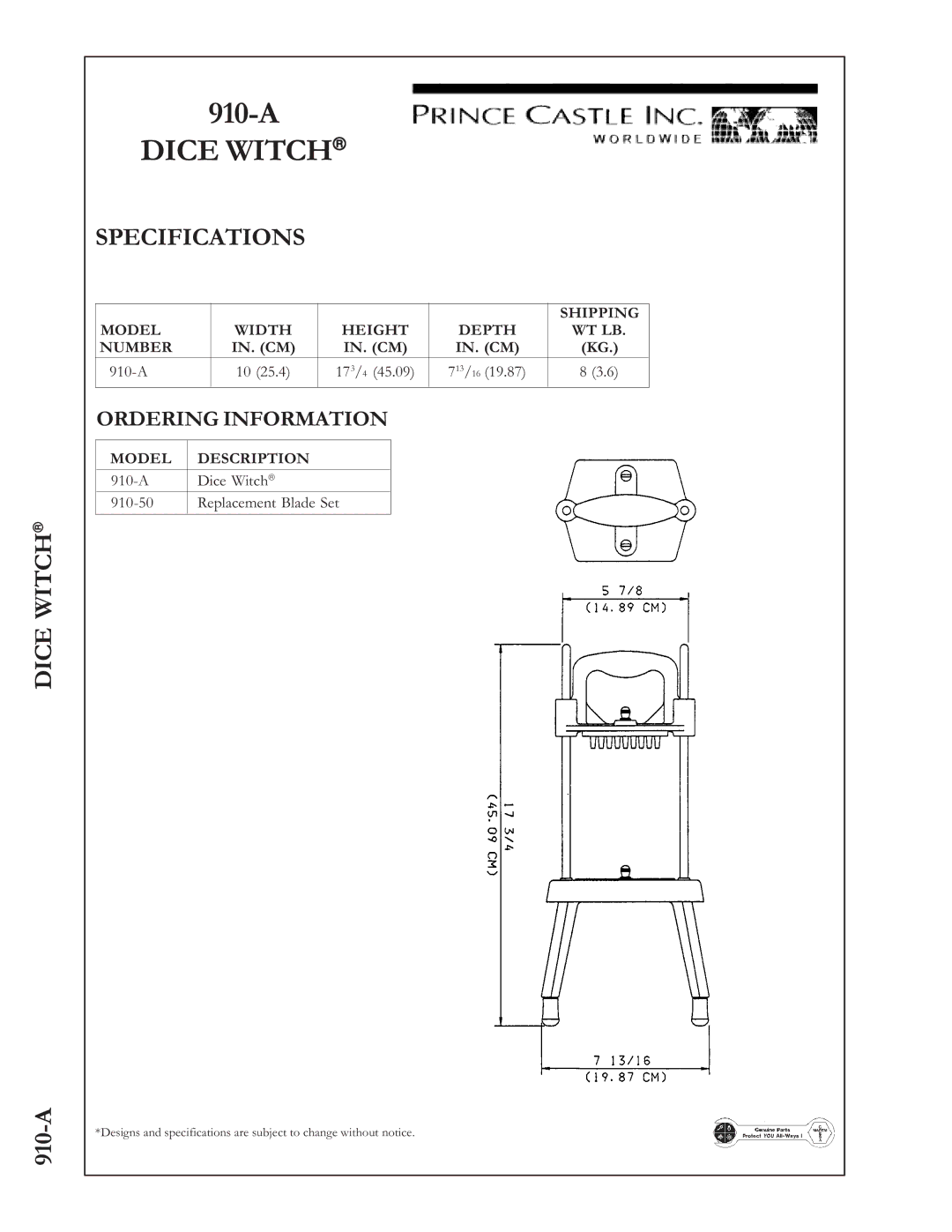 Prince Castle warranty Dice WITCHâ 910-A, Specifications, Ordering Information 