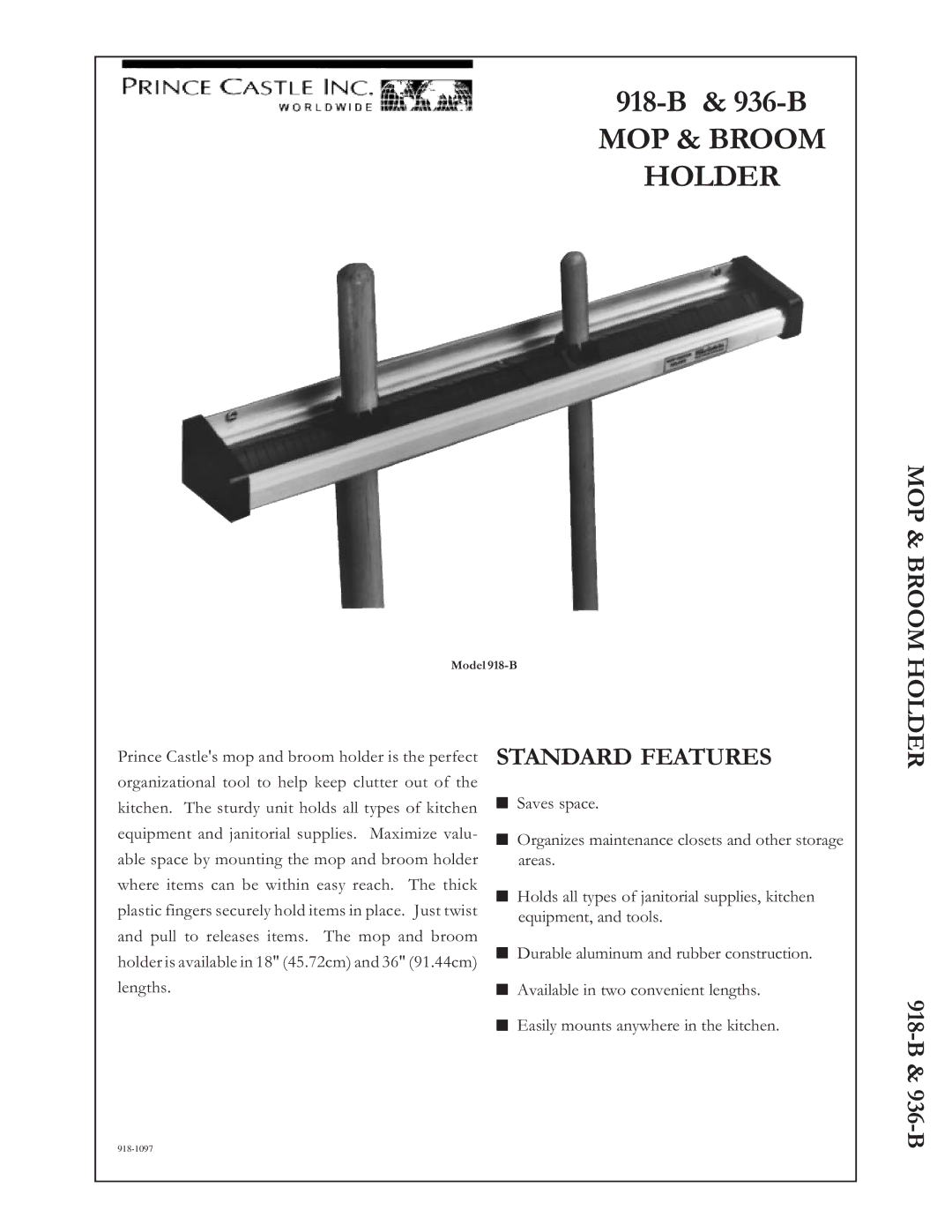 Prince Castle 936-B, 918-B manual MOP & Broom Holder, Standard Features 