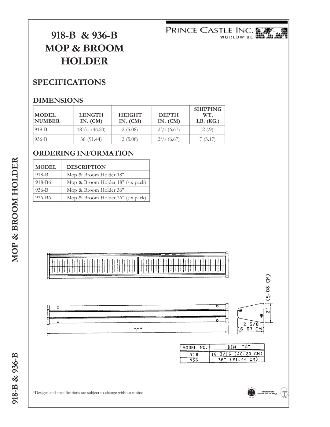 Prince Castle 918-B, 936-B manual MOP & Broom Holder, Specifications, Dimensions, Ordering Information 