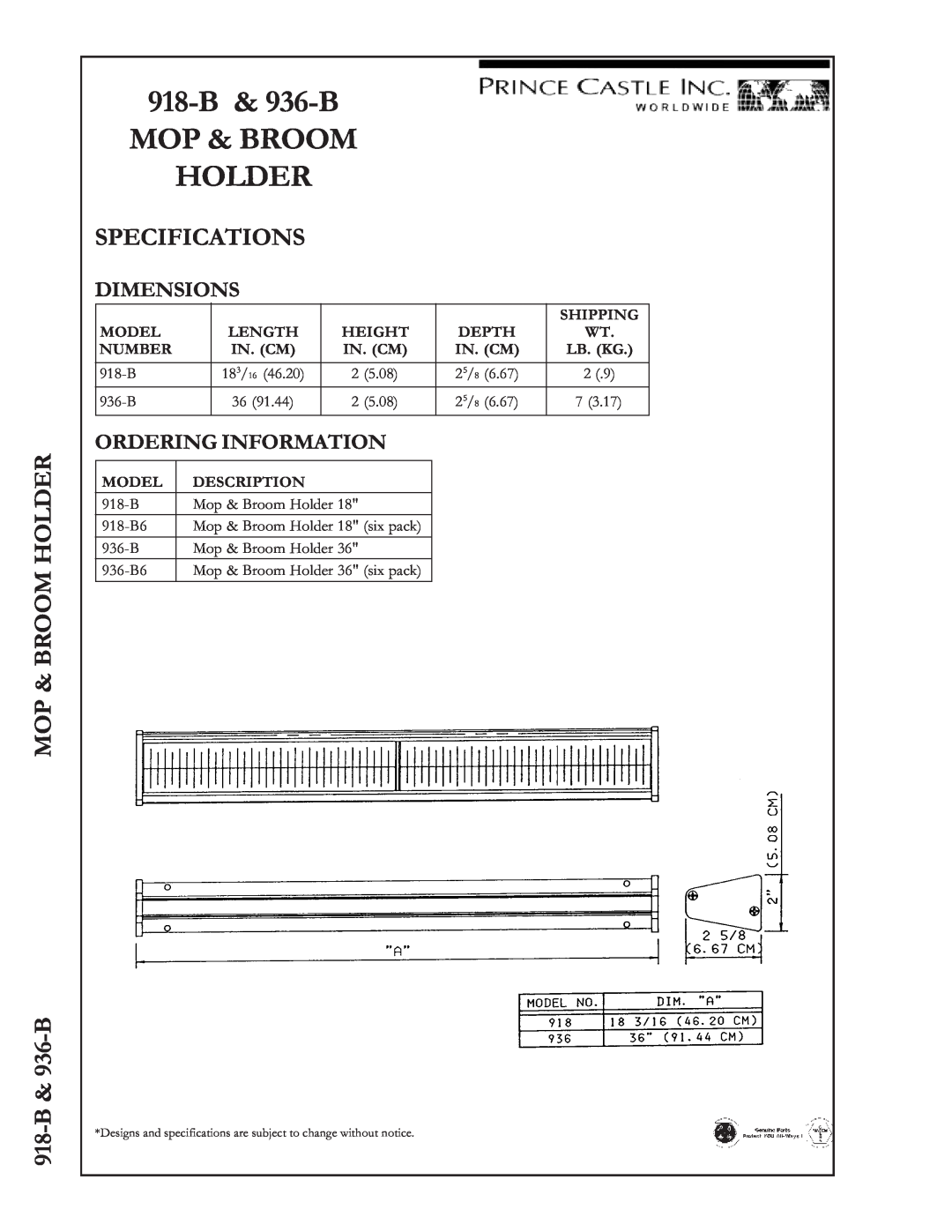 Prince Castle manual MOP & BROOM HOLDER 918-B& 936-B, Specifications, 918-B& 936-B MOP & BROOM HOLDER, Dimensions 
