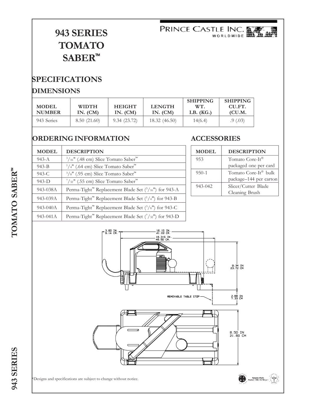 Prince Castle 943 Series warranty Specifications, Dimensions, Ordering Information, Accessories 