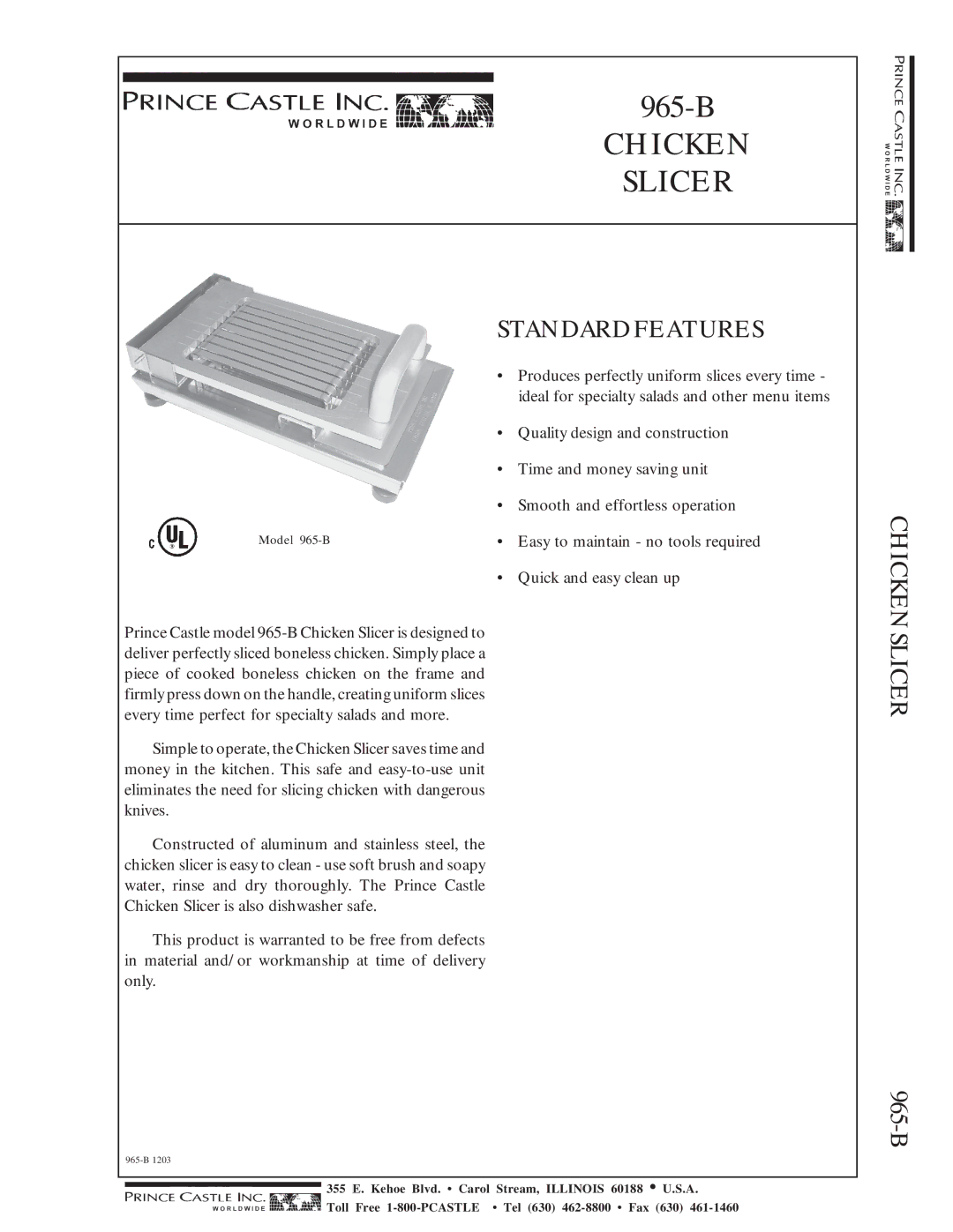 Prince Castle 965-B manual Chicken Slicer, Standardfeatures, Chickenslicer 