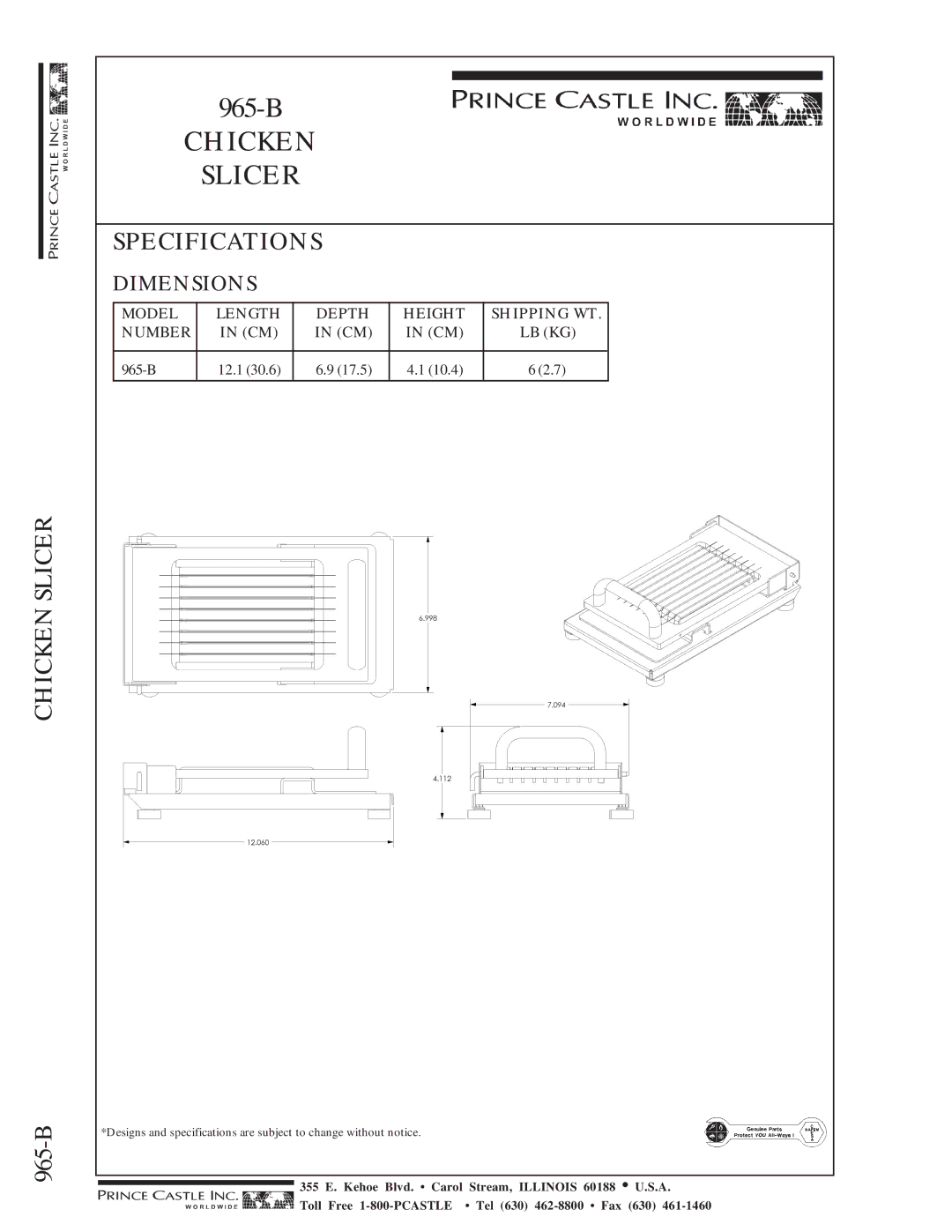 Prince Castle 965-B manual Chicken Slicer, Specifications, Dimensions, Model Length Depth Height Shipping WT Number LB KG 