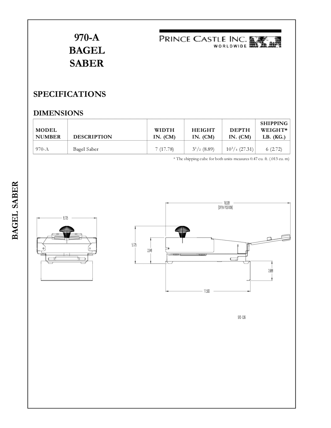 Prince Castle 970-A specifications Bagel Saber, Specifications, Dimensions 