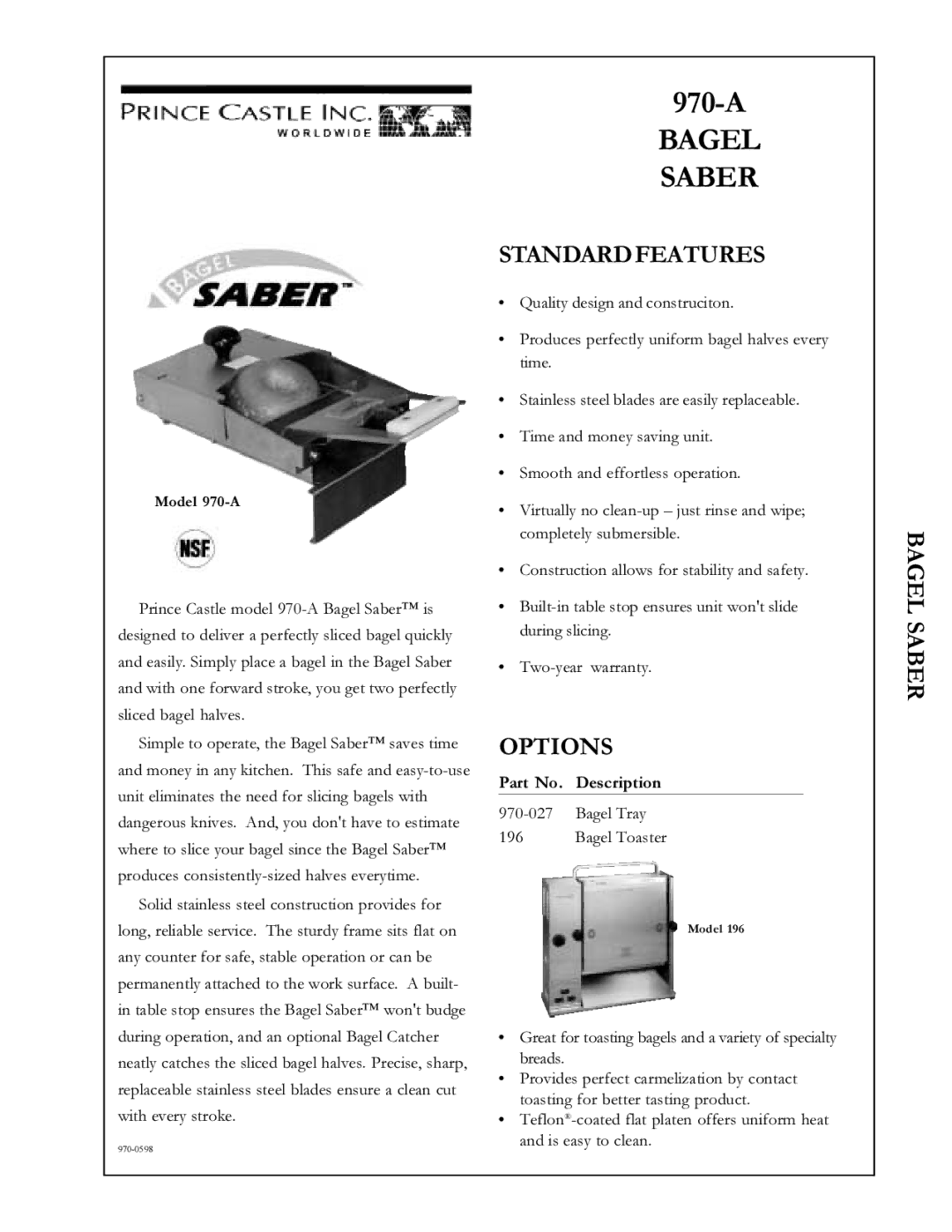 Prince Castle 970-A specifications Standardfeatures, Options, Part No. Description 