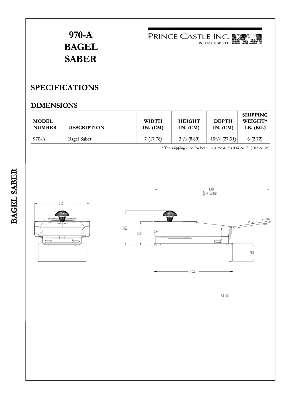 Prince Castle 970-A specifications A Bagel Saber, Specifications, Dimensions 