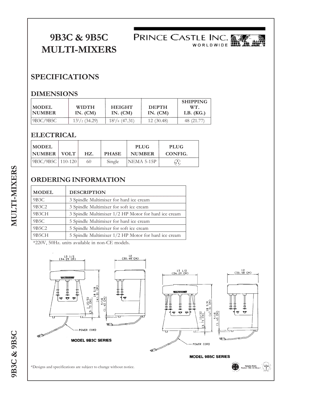 Prince Castle 9B3C, 9B5C warranty Specifications, Dimensions, Electrical, Ordering Information 