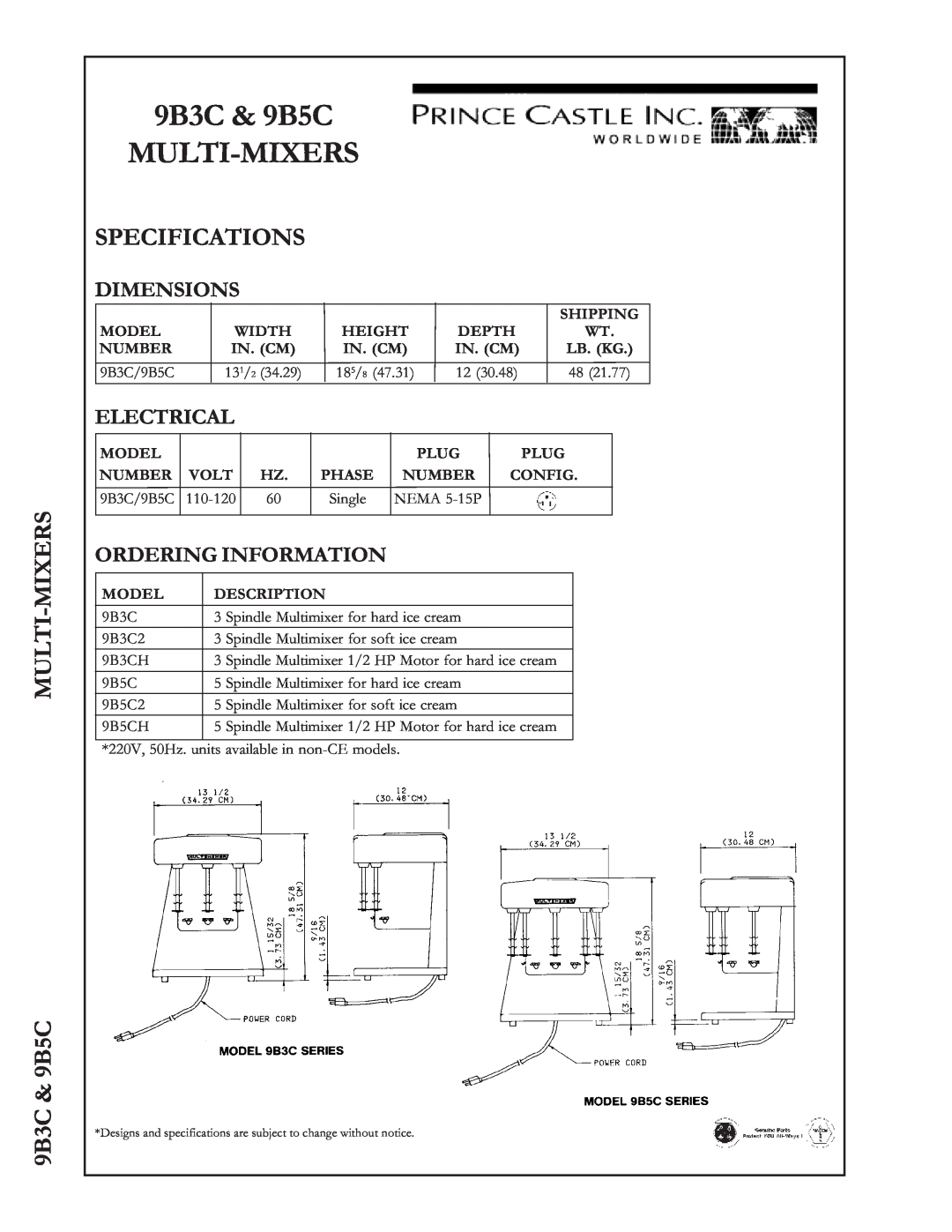 Prince Castle warranty MULTI-MIXERS 9B3C & 9B5C, Specifications, 9B3C & 9B5C MULTI-MIXERS, Dimensions, Electrical 