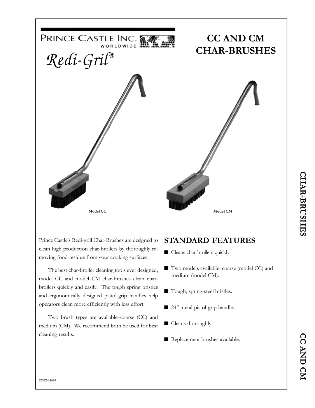 Prince Castle manual CC and CM CHAR-BRUSHES, Char-Brushes, Standard Features 